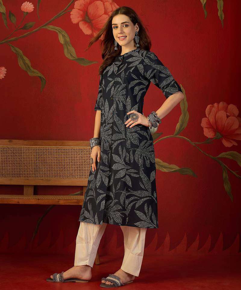 Navy blue printed cotton kurti