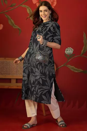 Navy blue printed cotton kurti