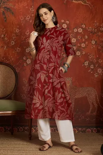 Maroon printed cotton kurti