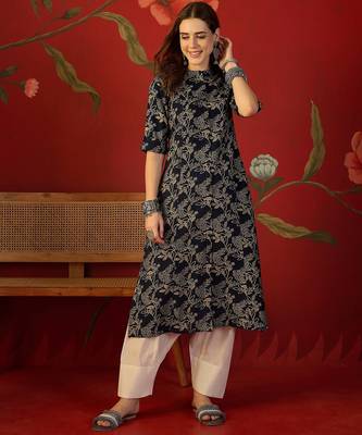 Black floral print cotton kurti 1