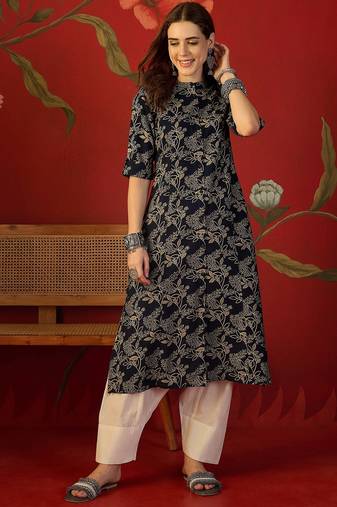 Black floral print cotton kurti