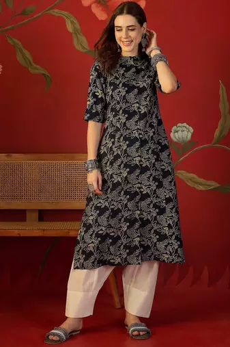 Black floral print cotton kurti