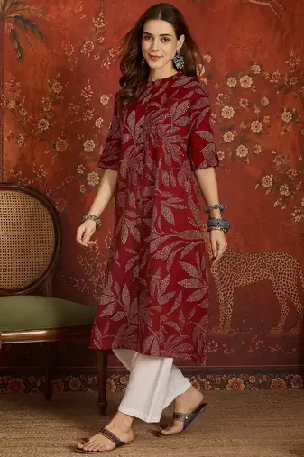 Maroon printed cotton kurti