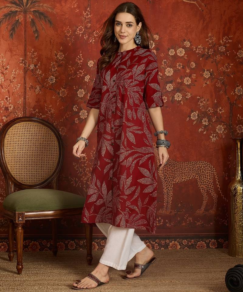 Maroon printed cotton kurti