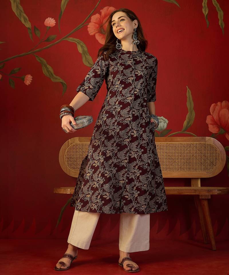 Maroon print cotton kurti