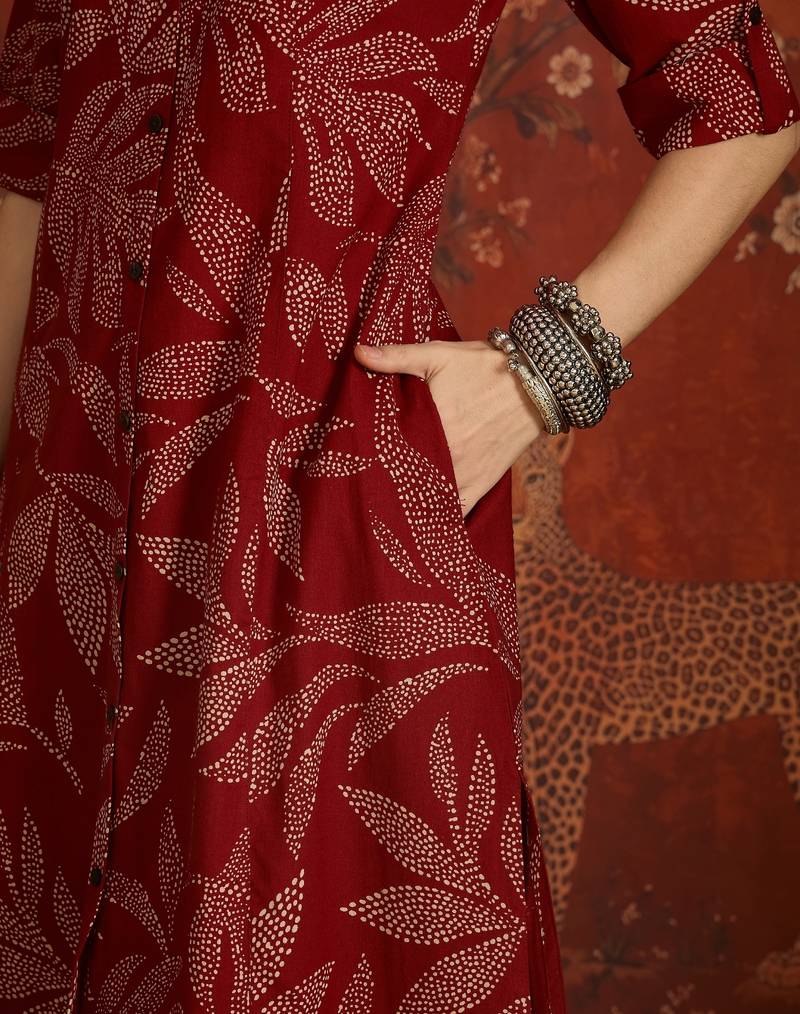Maroon printed cotton kurti