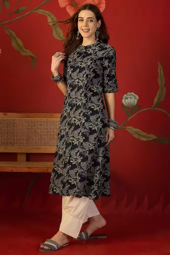 Black floral print cotton kurti