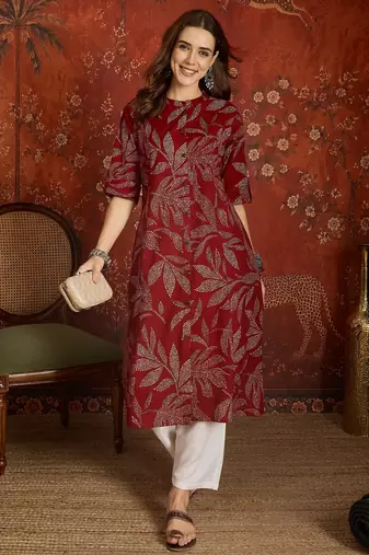 Maroon printed cotton kurti
