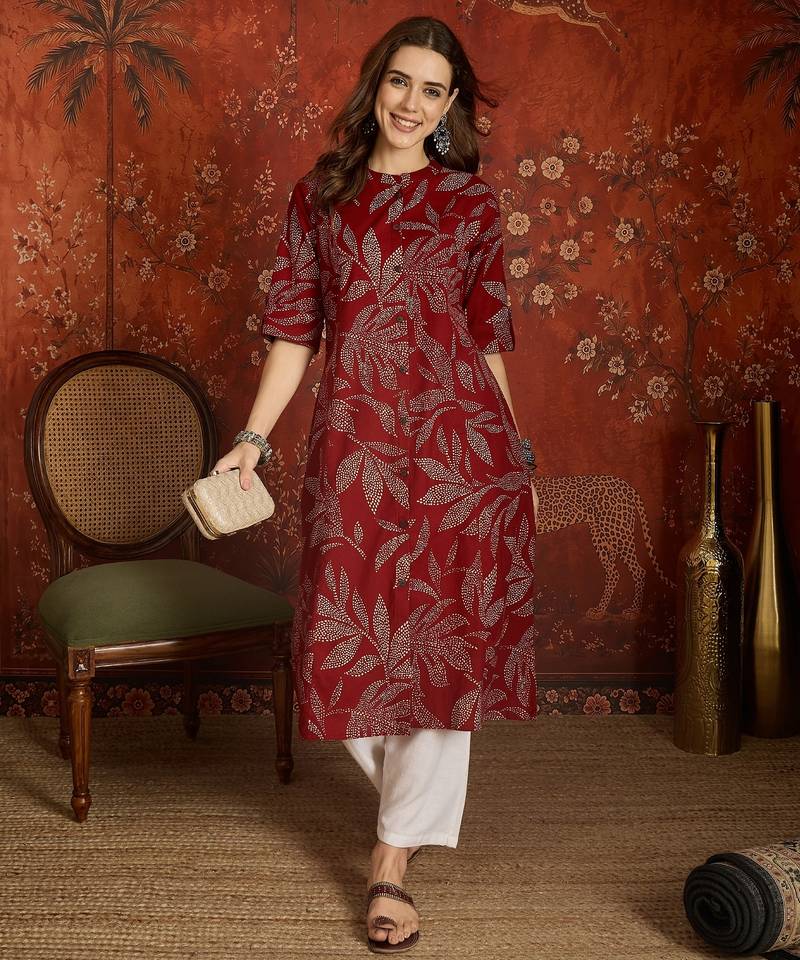 Maroon printed cotton kurti