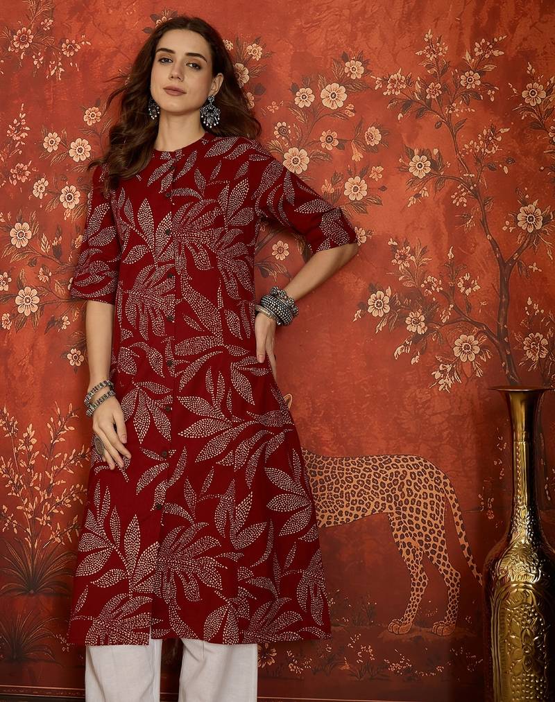 Maroon printed cotton kurti