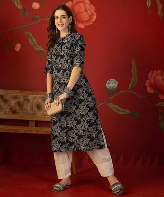 Black floral print cotton kurti 4
