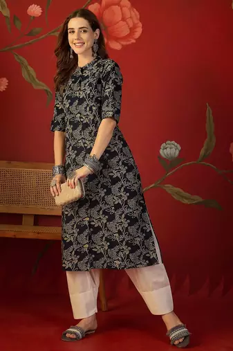 Black floral print cotton kurti