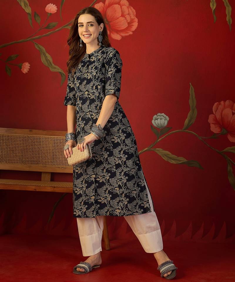 Black floral print cotton kurti