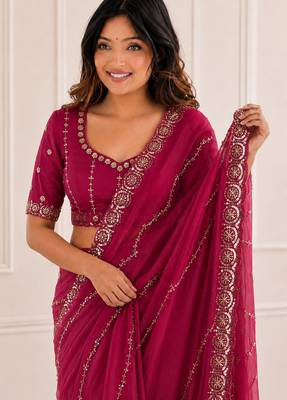 glamourous rani-pink embroidery work with real bits work fendy satin indian saree 2