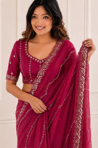 glamourous rani-pink embroidery work with real bits work fendy satin indian saree