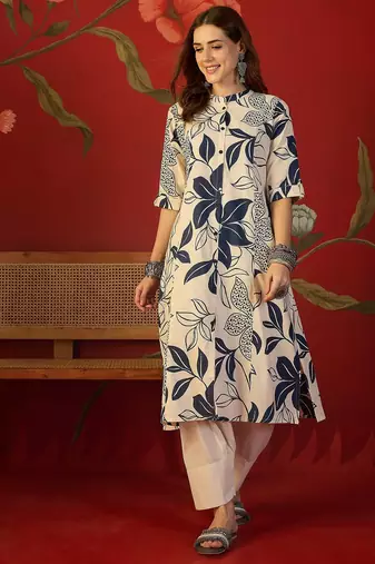 Off white print cotton kurti