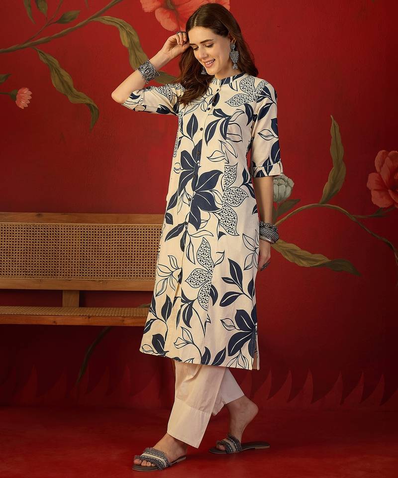 Off white print cotton kurti