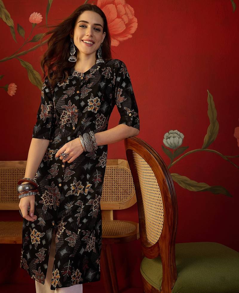 Black print rayon kurti