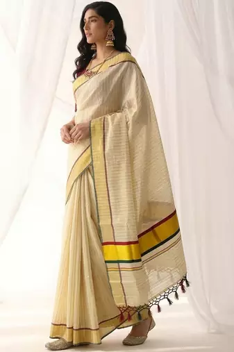 Woven Design Stripeed Kasavu Tissue Border Sarees