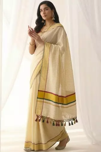 Woven Design Stripeed Kasavu Tissue Border Sarees