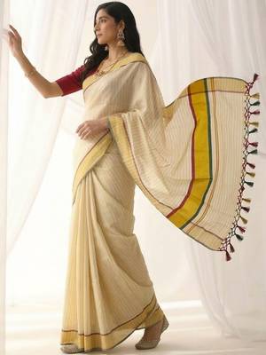 Woven Design Stripeed Kasavu Tissue Border Sarees 3