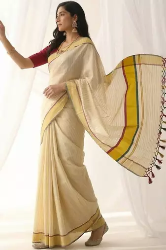 Woven Design Stripeed Kasavu Tissue Border Sarees