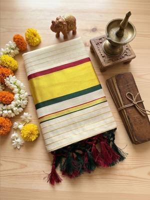 Woven Design Stripeed Kasavu Tissue Border Sarees 4