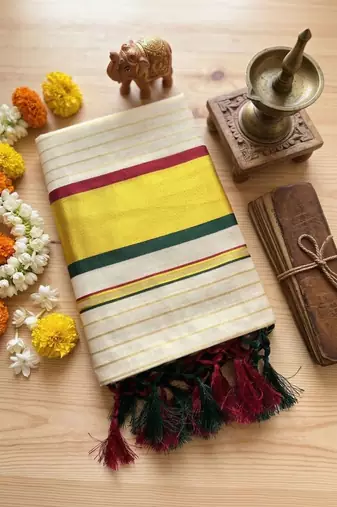 Woven Design Stripeed Kasavu Tissue Border Sarees