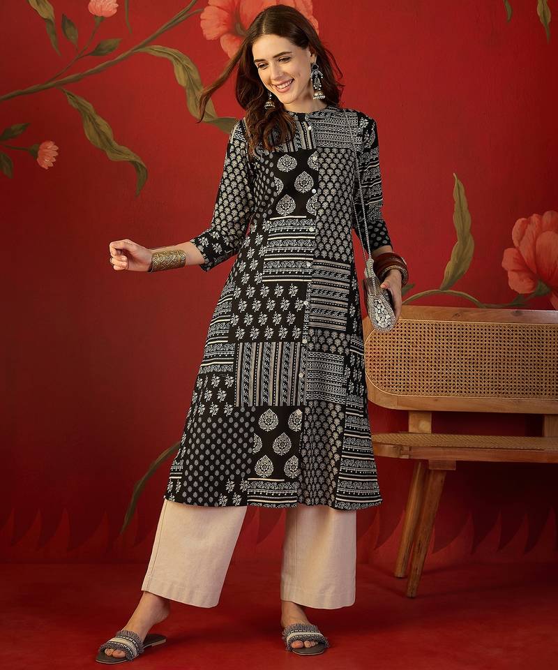 Black print cotton kurti