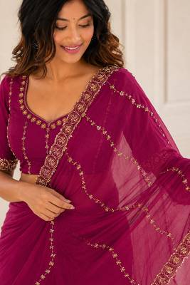 glamourous rani-pink embroidery work with real bits work fendy satin indian saree 3