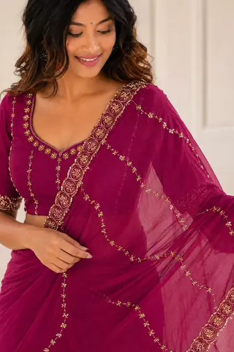 glamourous rani-pink embroidery work with real bits work fendy satin indian saree