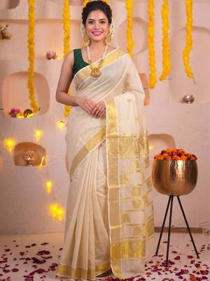 Woven Design Zari Tissue Handloom Kasavu Saree 1