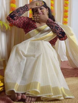 Woven Design Pure Cotton Handloom Kasavu Saree 2