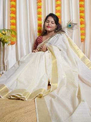 Woven Design Pure Cotton Handloom Kasavu Saree 3