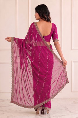 glamourous rani-pink embroidery work with real bits work fendy satin indian saree 4