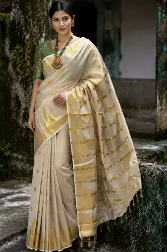 Ethnic Motifs Zari Tissue Designer Kasavu Saree