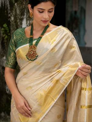 Ethnic Motifs Zari Tissue Designer Kasavu Saree 4