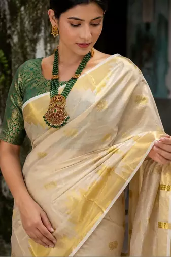 Ethnic Motifs Zari Tissue Designer Kasavu Saree