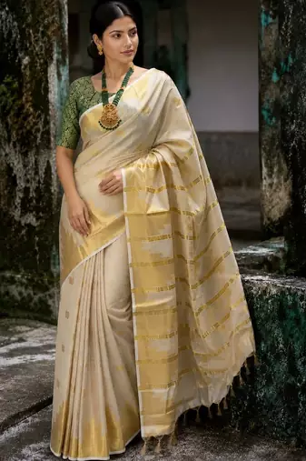 Ethnic Motifs Zari Tissue Designer Kasavu Saree