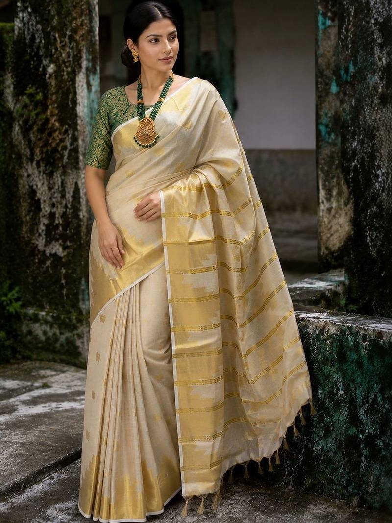 Ethnic Motifs Zari Tissue Designer Kasavu Saree