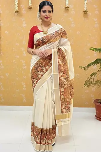 Ethnic Motifs Handloom Kasavu Saree