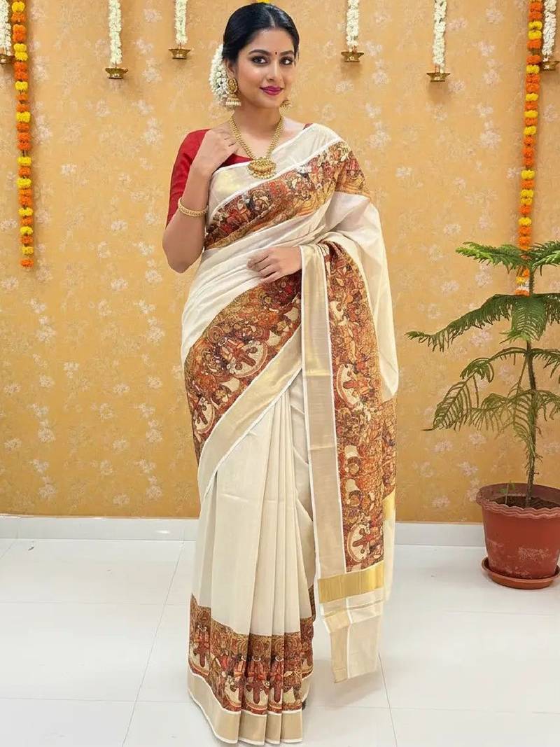 Ethnic Motifs Handloom Kasavu Saree