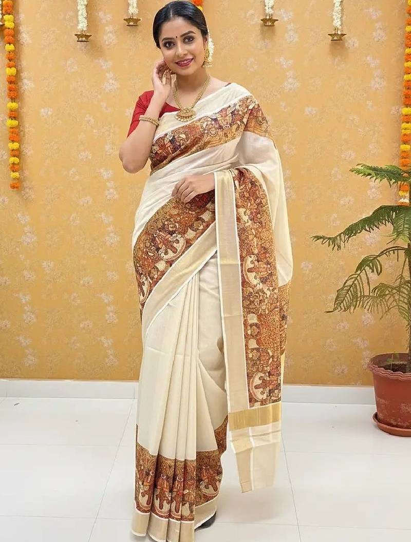 Ethnic Motifs Handloom Kasavu Saree