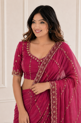 glamourous rani-pink embroidery work with real bits work fendy satin indian saree 5
