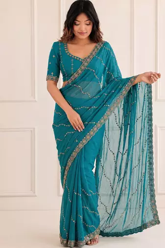 glamorous teal blue embroidery work with real bits work fendy satin indian designer saree