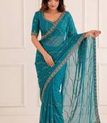 glamorous teal blue embroidery work with real bits work fendy satin indian designer saree