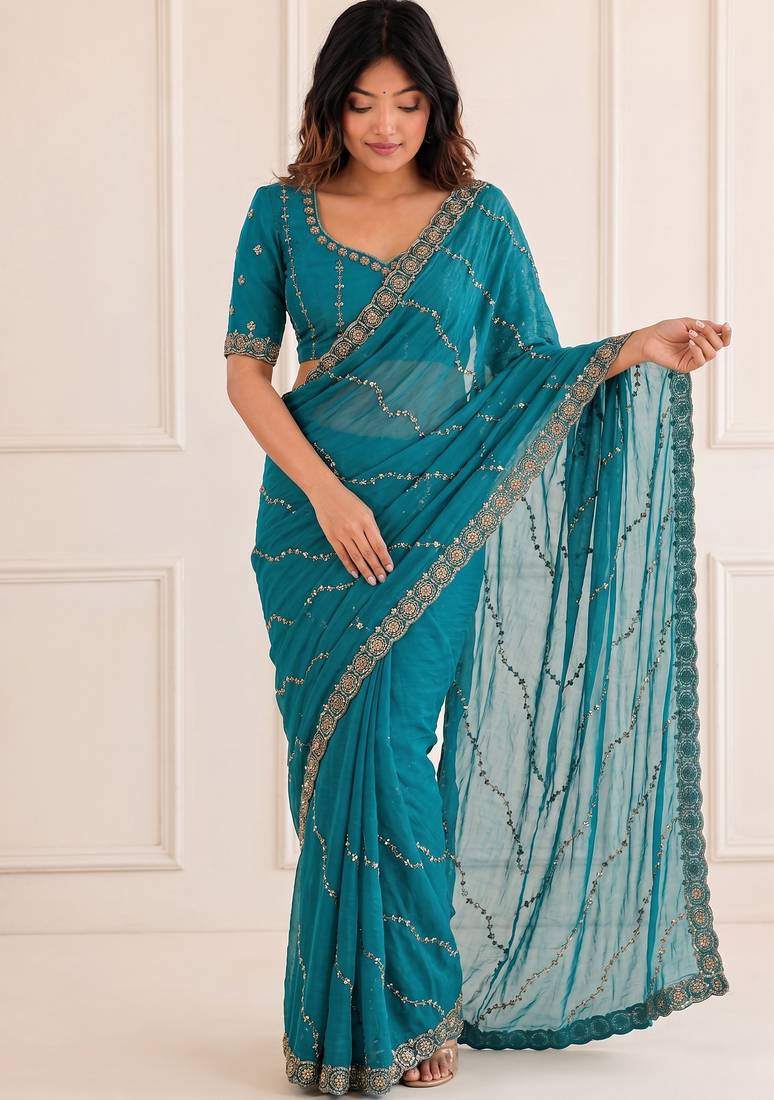 glamorous teal blue embroidery work with real bits work fendy satin indian designer saree