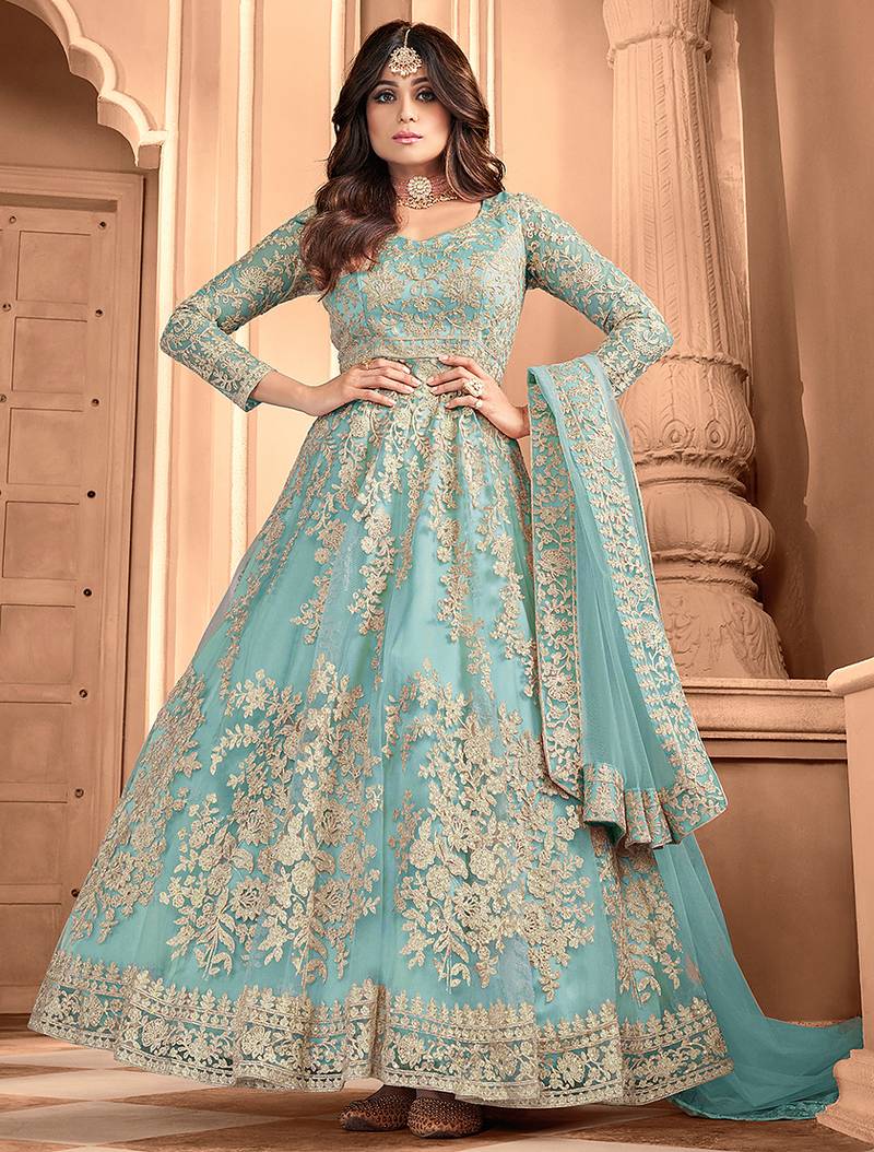 Light blue embroidered net readymade anarkali wedding gown