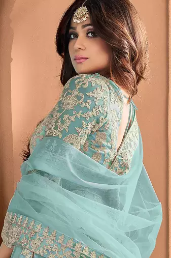 Light blue embroidered net readymade anarkali wedding gown