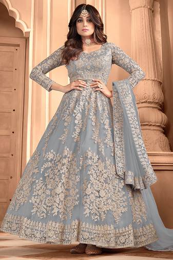 Grey embroidered net readymade anarkali wedding gown